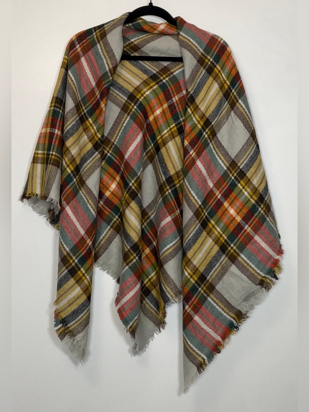 Plaid Fringe Wrap Shawl in Gray with Green, Mustard & Coral Accents